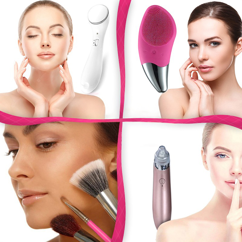 Ультразвуковой ионный массажер + Электрическая щетка-массажер + Набор кисточек для макияжа + Вакуумный очиститель пор