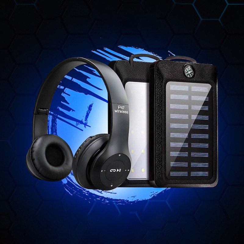 Беспроводные Bluetooth наушники P47 + Повербанк 50000 с LED фонарем на солнечной батарее