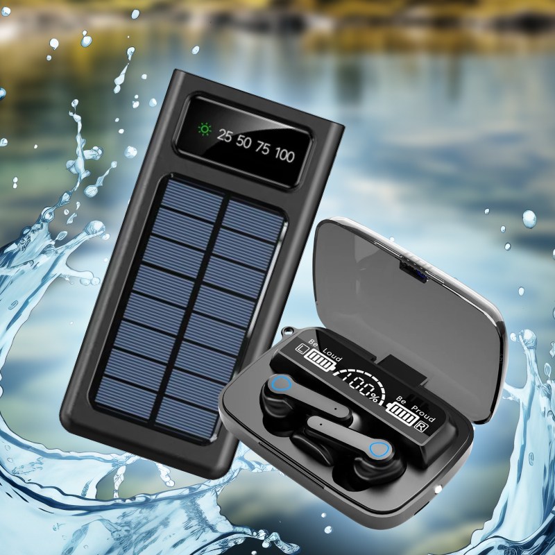 Бездротові навушники M19 + Повербанк з LED ліхтарем на сонячній батареї